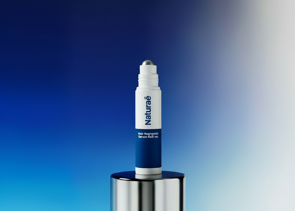 Naturaé hair regrowth serum bottle on a reflective surface with a blue gradient background